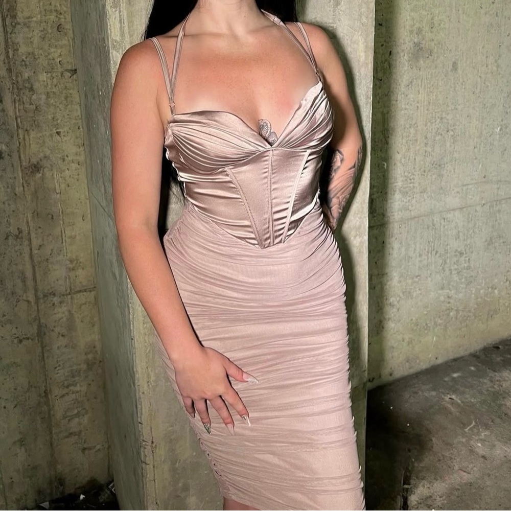 Elegant Ruched Tan Dress